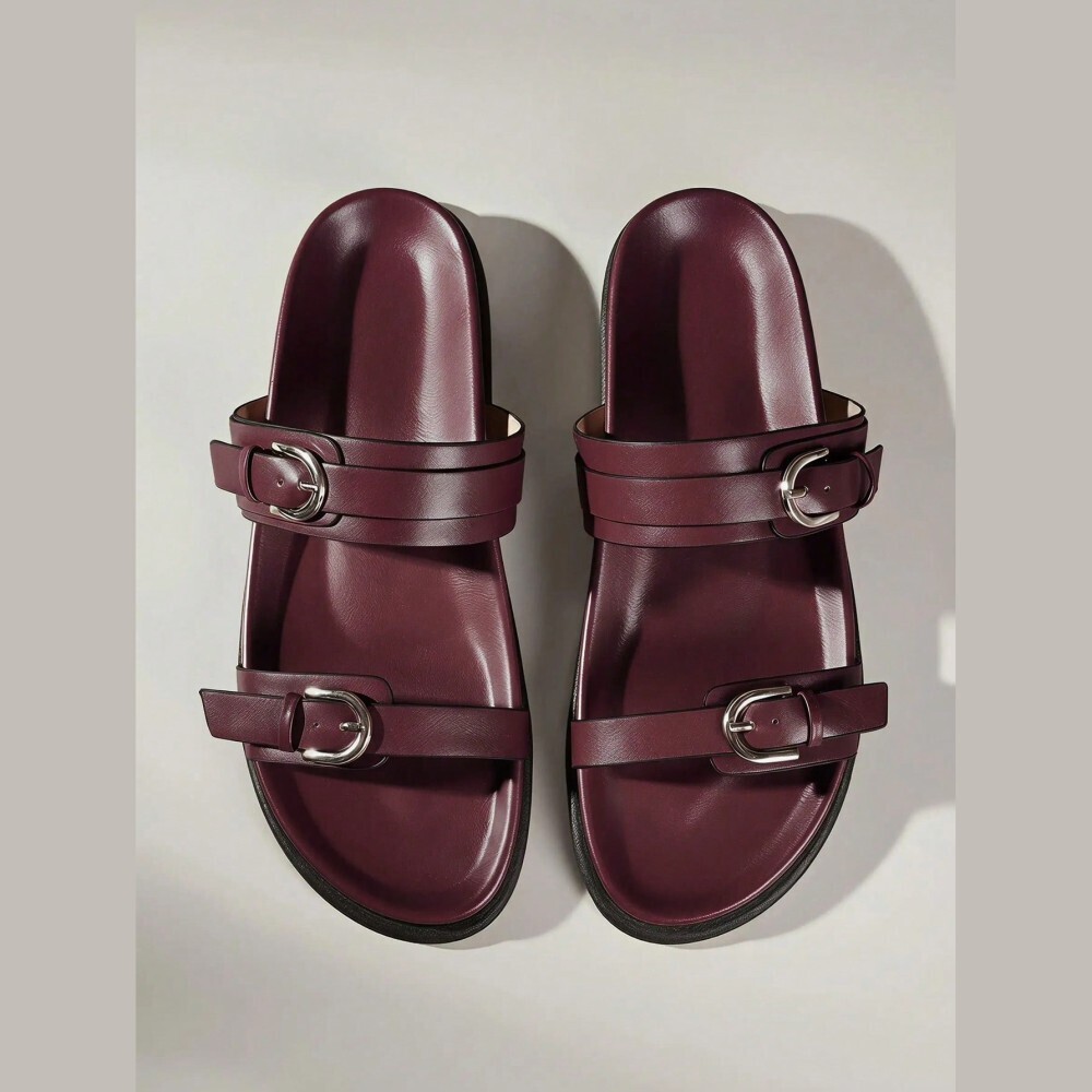 Burgundy Footbed Sandals Front Buckle Open Toe Flat Comfort Slides